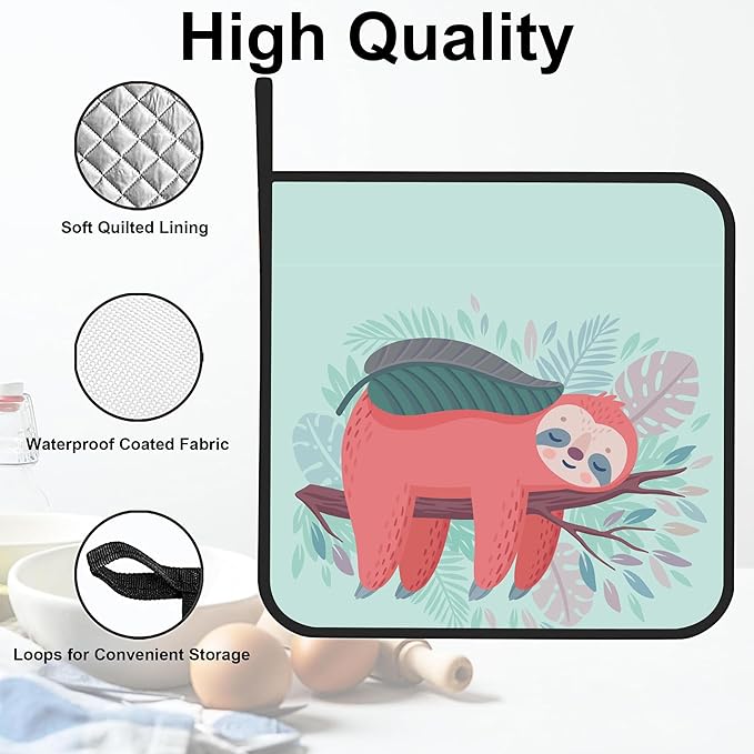 Cute Sloth Sleeping Pot Holders 2 PCS for Kitchen, Heat Resistant Hot Pads for Cooking Grilling Baking BBQ, Pot Holders for Women Cook Essentials Accessories Home Microwave