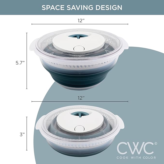 COOK WITH COLOR Collapsible Salad Spinner - 4 QT Space Saving Lettuce Dryer with Folding Collapsible Colander Great for Washing and Drying Fruit and Vegetables (Blue)