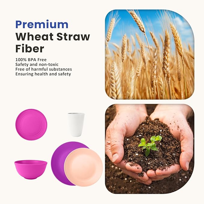 Homienly 40-Piece Wheat Straw Dinnerware Set, Reusable Plates and Bowls Sets, Alternative to Plastic Dishes Set-Dinner Plates with Textured Pattern, Bowls, Cups, Dishwasher Safe - Pink Flower