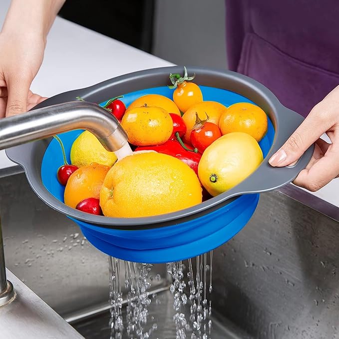 Collapsible Colander, Set of 2 PCS Collapsible Strainer, Space-Saving Kitchen, Food-Grade Silicone Folding Strainer Colander with Handle (Blue)