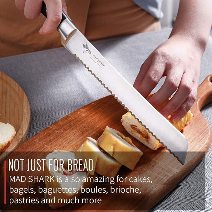 MAD SHARK Bread Knife 10 Inch Pro Serrated Bread Cutter, German High Carbon Stainless Steel Ultra Sharp Cake Knife with Ergonomic Handle, Ideal for Bread, Cakes, Bagels, and More