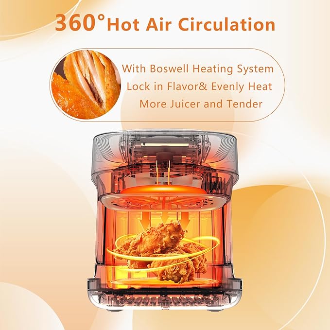 BOSWELL Glass Air Fryer, 7.7QT with Transparent Fry Bowl, Circulating Heating, Temperature Control, Stainless Steel Air Fryer Roast, Dishwasher Safe (white)