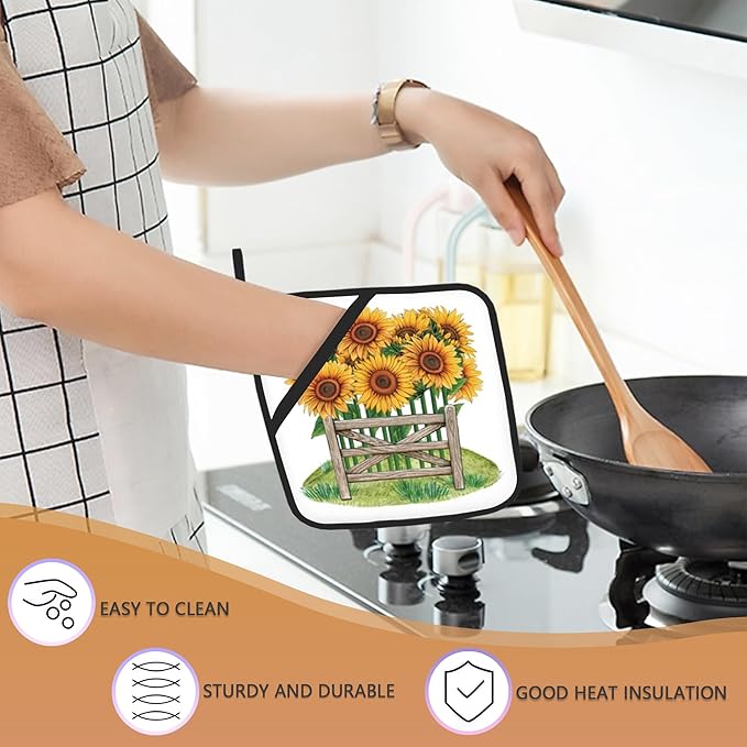 Sunflower Filed Pot Holders Set of 2 Heat Resistant Potholders,Fire Oven Hot Pads for Kitchen Cooking Baking Barbecue