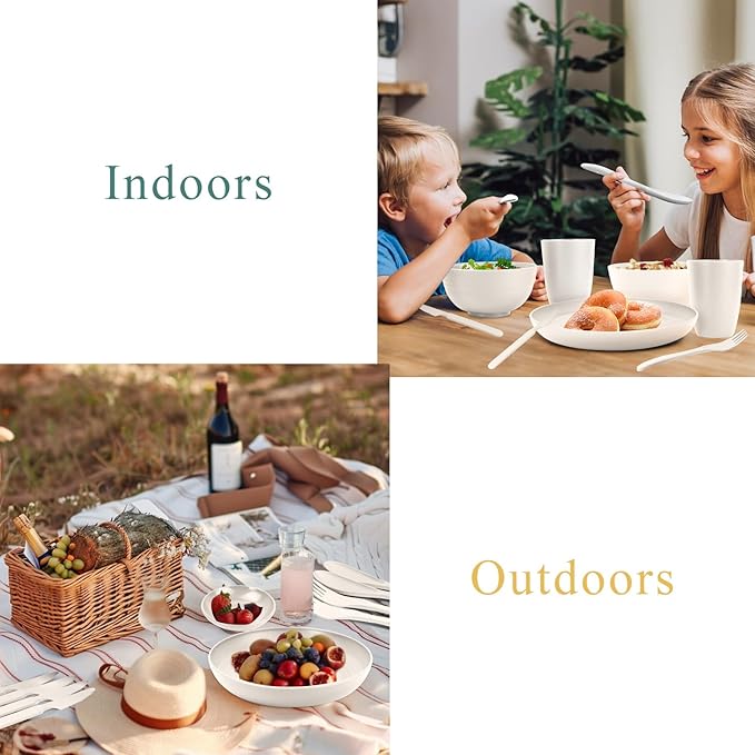 Wheat straw dinnerware sets - 28 Pieces dish sets service for 4 - Lightweight and Unbreakable Plates and Bowls Sets for Travelling and Camping.White