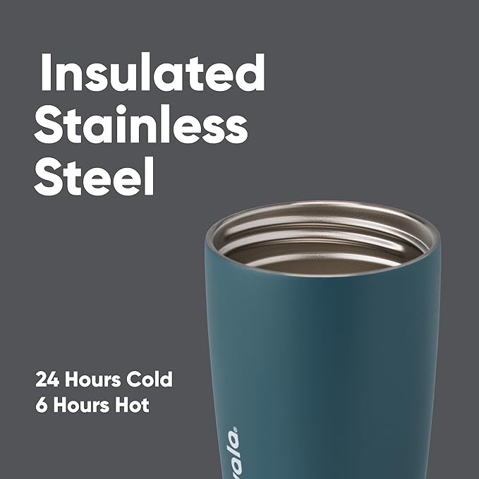 Owala SmoothSip Slider Insulated Stainless Steel Coffee Tumbler, Reusable Iced Coffee Cup, Hot Coffee Travel Mug, BPA Free 12 oz, Grey/Blue (High Dive)