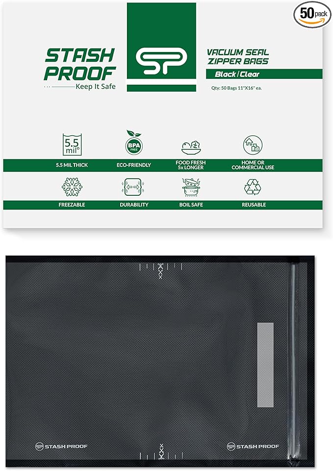 Resealable Zipper Vacuum Seal Bags 11" x 16" (50 Count) 5.5 Mil (Black and Clear) - BPA Free Commerical Grade Food Saver for Storage, Sous Vide, and Meal Prep Sealer Bag