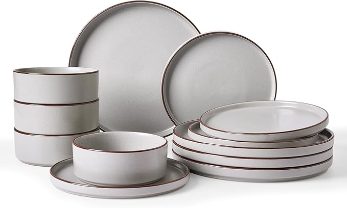 Famiware Nebula Ridge Stoneware Dinnerware Sets, Plates and Bowls Sets for 4, 12 Pieces Dishes Set, Microwave and Dishwasher Safe Kitchen Plates, Light Gray