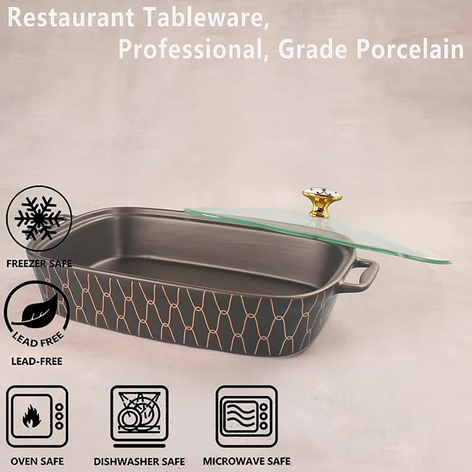 10" x 7" Ceramic Rectangular Casserole Dish with Glass Lid, 1.3 Quart Serving Soup Tureen,Chafing Dish for Buffet, Family Food preserve Tray, Catering for Party Style, Black