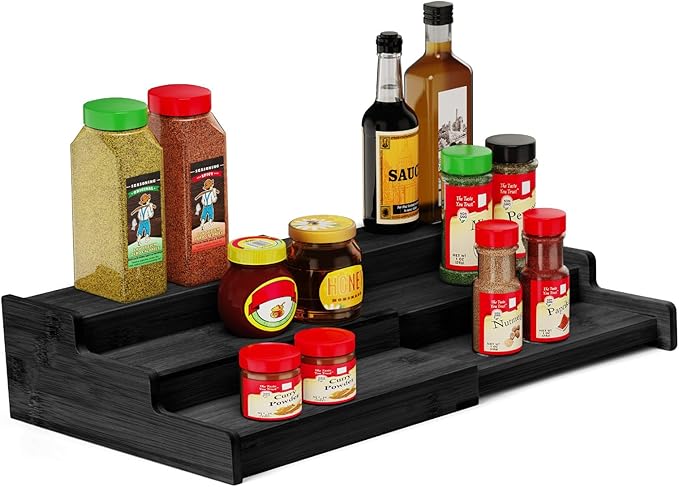 Spice Rack Organizer, 3 Tier Expandable Bamboo Spice Rack Organizer, Great for Kitchen Cabinet, Cupboard, Pantry and More-Black