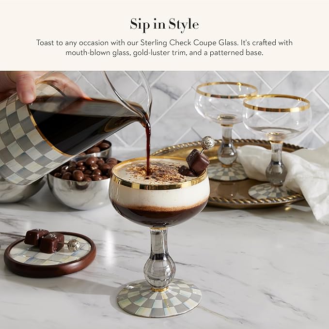 MACKENZIE-CHILDS Coupe Glass, Decorative Stemmed Cocktail Glass, 11 Ounces, Gray-and-White Sterling Check