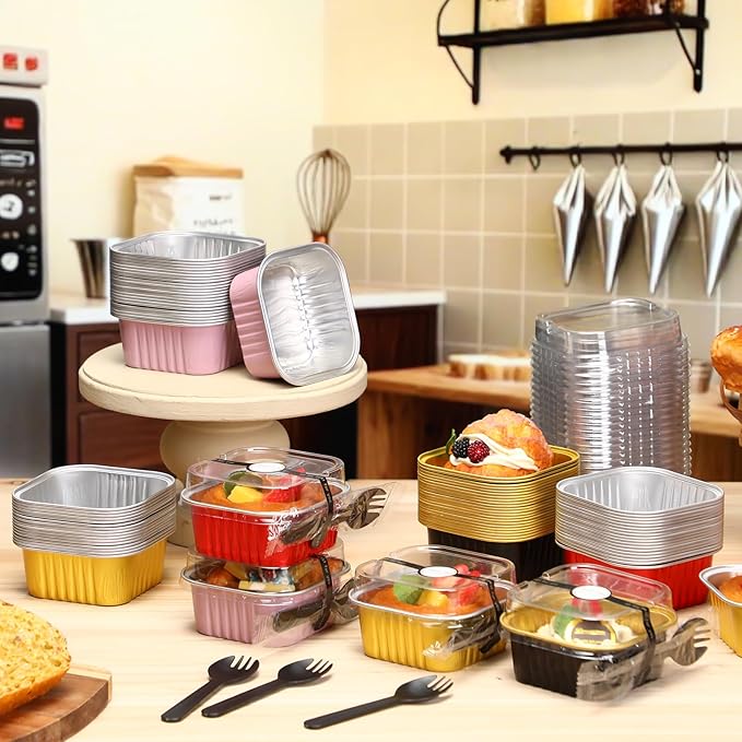 Vesici 100 Set 5 oz Mini Cake Pans with Lids & Spoons Square Aluminum Foil Baking Loaf Pans Disposable Dessert Cups with Stickers for Wedding Birthday Party Picnics, 4 Color