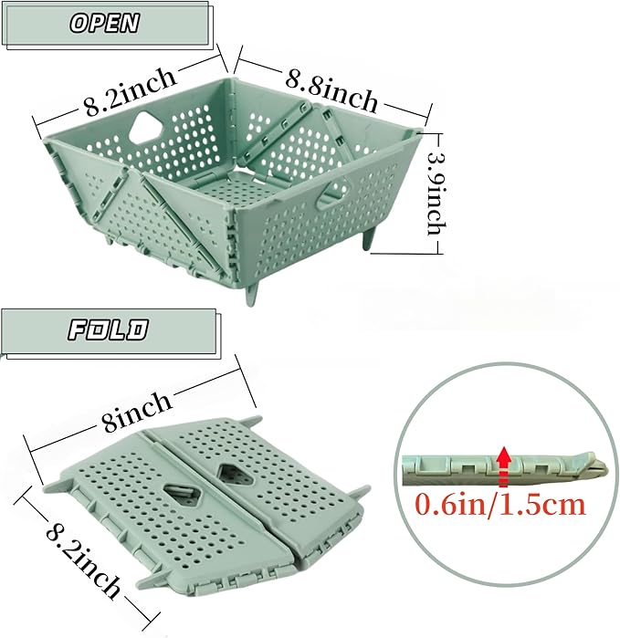 Collapsible Kitchen Colander and Strainer - Foldable Plastic Drain Basket for Fruit, Vegetables, Pasta - Space-Saving for Kitchen, RV, Camping - BPA-Free & Dishwasher Safe (Green-2pcs)