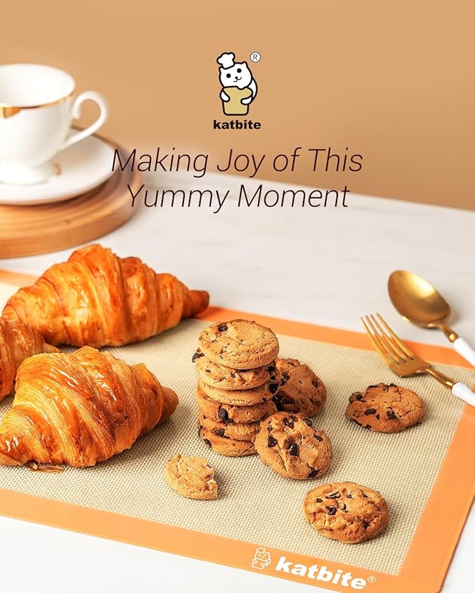 Katbite Silicone Baking Mat Colorful Collection - Set of 3: 2 Half Sheets Mats (11 5/8" x 16 1/2") + 1 Quarter Baking Sheet, Reusable & Nonstick Bakeware Mats for Cookies, Macarons, Bread (Orange)