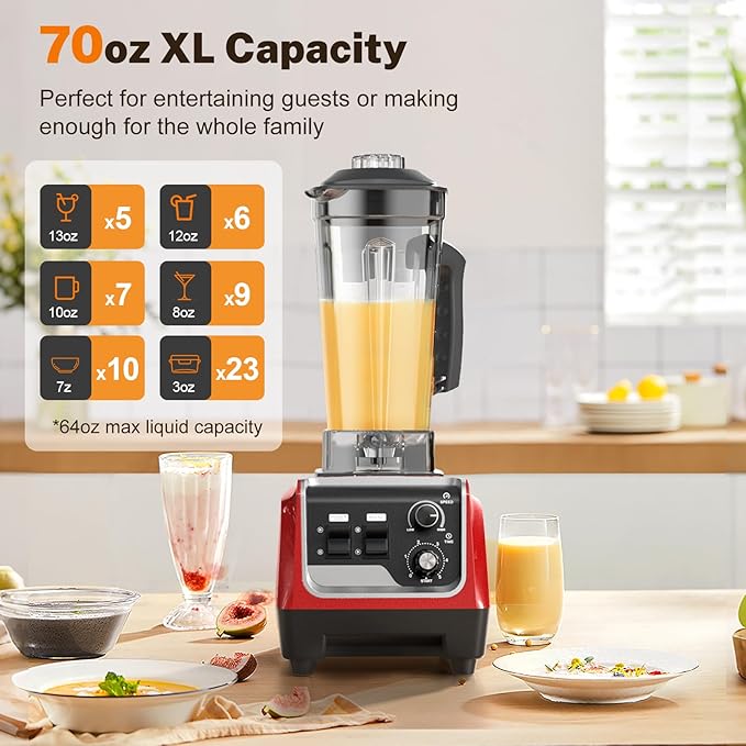 Smoothie Blender, Powerful Blenders for Kitchen with 1800-Watt Motor, 70 Oz Large Capacity and BPA-Free Containers, Countertop Blender for Smoothies, Ice Crushing & Frozen Drinks, Red