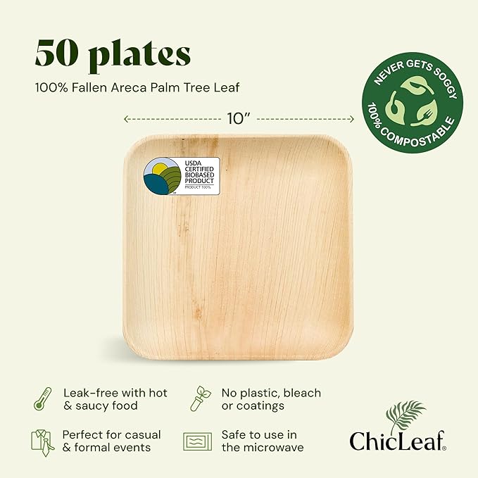 Chic Leaf Square Palm Leaf Disposable Paper Plates - 10 In, Pack of 50 - Eco Friendly Biodegradable & Compostable Dinner Plates - Microwave Safe Party Supply Pack for Weddings & Events