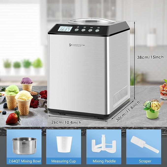 Homtone 2.64QT Ice Cream Maker with Compressor, Largest Capacity Automatic Ice Cream Maker Machine - No Pre Freezing, Gelato Maker with 3 Modes, LCD Digital Display, All Stainless Steel, 2H Keep Cool