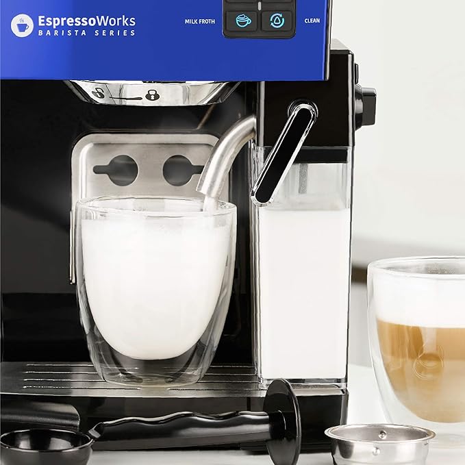 EspressoWorks 19-Bar Espresso, Cappuccino and Latte Maker 10-Piece Set - Brew Cappuccino and Latte with One Button - Espresso Machine with Milk Steamer 1250W - Coffee Gifts (Blue)