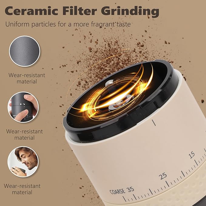 Portable Burr Coffee Grinder, Small Electric Coffee Bean Grinder with 38 Adjustable Settings, LCD Screen Mini Coffee Grinder with Clean Brush and USB for Travel and Camping (Beige)