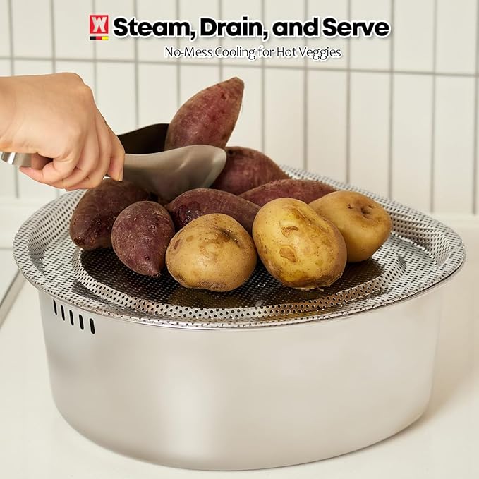 Stainless Steel Vegetables & Fruits Wash Strainer Colander, Perforated Tray, Mini Drying Rack for Dishes, Fitting Lid for Washing-up Bowl (300 x 320 x 16mm / 11.81 x 12.60 x 0.63inches)