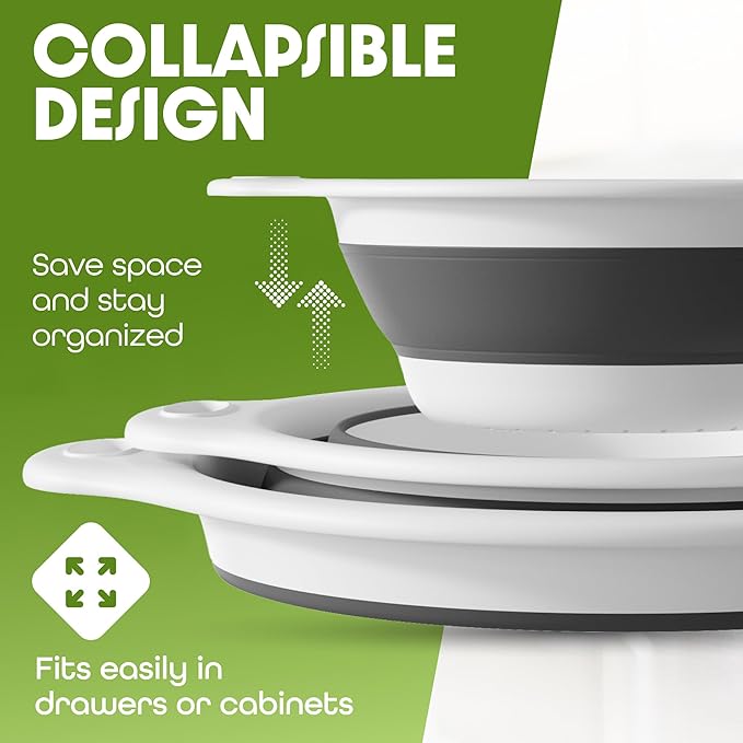 Collapsible Colanders (2 Pack Set) Food Strainers with Over-Sink Water Draining Base for Pasta Fruits and Vegetables (4 and 5 Quart) - White Gray