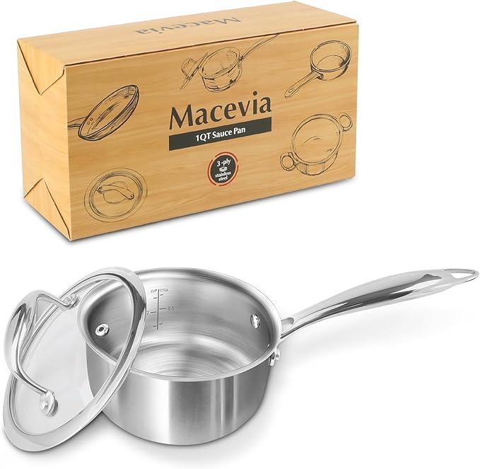 Macevia Sauce Pan with Glass Lid, 18/10 Stainless Steel Pot with Stay-Cool Handle, For All Stoves Multipurpose Use for Home Kitchen or Restaurant(1 Quart)- Silver