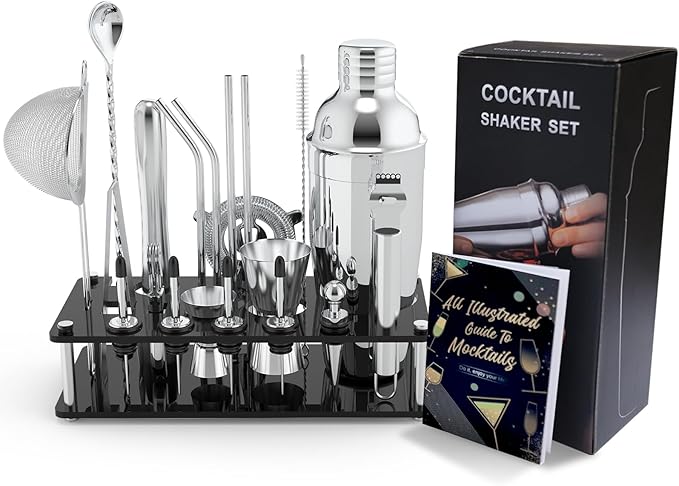 Cocktail Shaker Set with Stand, 22-Piece Bartender Kit with 17 Recipe, Stainless Steel Bar Accessories for Drink Mixing, Bar, Home, Lounge, Party, Newbie Friendly, Gift Set