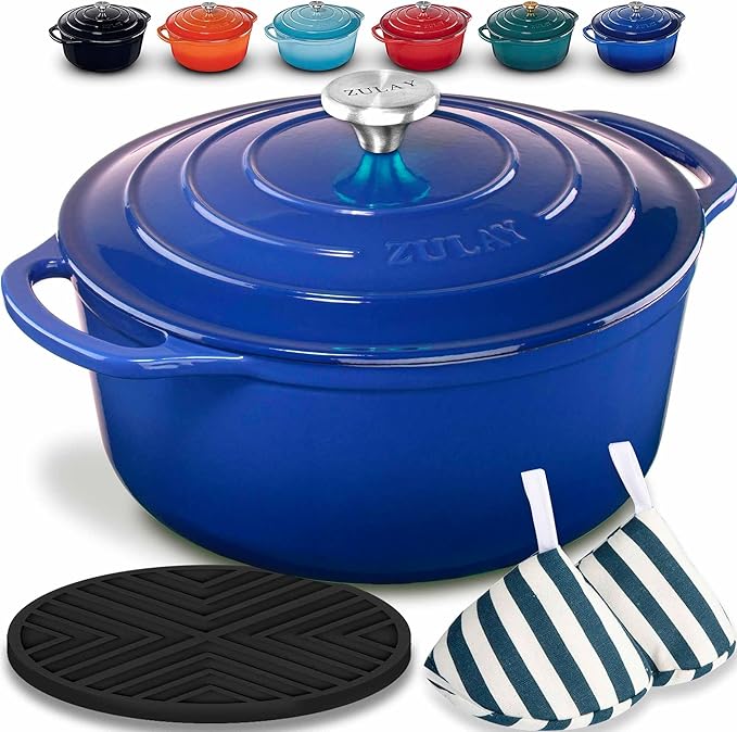 Zulay Kitchen 6 Quart Enameled Cast Iron Dutch Oven with Lid – Premium Durability & Oven Safe up to 500°F – Heavy Duty Cookware Perfect for Bread Baking, Stews, Braising & Roasting – Blue