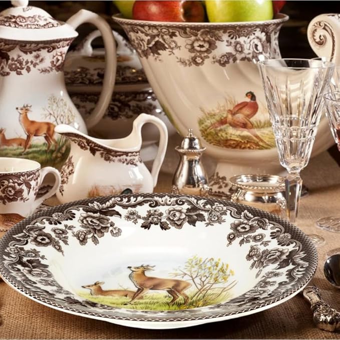 Spode Woodland American Wildlife Deer Soup Bowl - 9 Inch Fine Earthenware Dish, Rustic Holiday Dinnerware for Soup, Pasta, Salad - Dishwasher, Microwave, Freezer, Oven Safe - Made in England