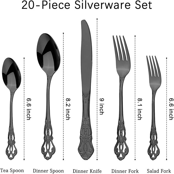 Retro Royal Black Silverware Set With Gift Box, 20-Pieces Cutlery Set Utensils Stainless Steel Flatware For 4 MIKIWAY Kitchen Tableware Set For Gifts Festive, Dishwasher Safe, Mirror Polishing
