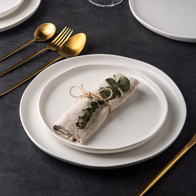 AmorArc Ceramic Dinner Salad Plates Set of 6, Wavy Rim 8.5 Inch Dish Set, The Dessert,Salad, Appetizer, Small Dinner etc Plate,Microwave, Dishwasher Safe, Scratch Resistant - Matte White