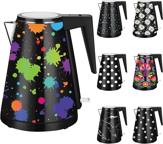1.2L Double Wall Stainless Steel Interior Water Boiler, Cordless, 1000W Fast Boil with LED Light Coffee Pot & Tea Electric Kettle, Auto Shut-Off and Boil-Dry Protection (Colorful Graffiti)