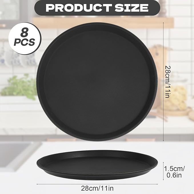 8Pcs Black Round Restaurant Serving Trays, Plastic Non Slip Surface Circle Fruit Appetizer Flat Tray Food Drink Server Tray with Raised Edges for Home, Restaurant, Cafeteria, Bar, Cocktail (11 in)