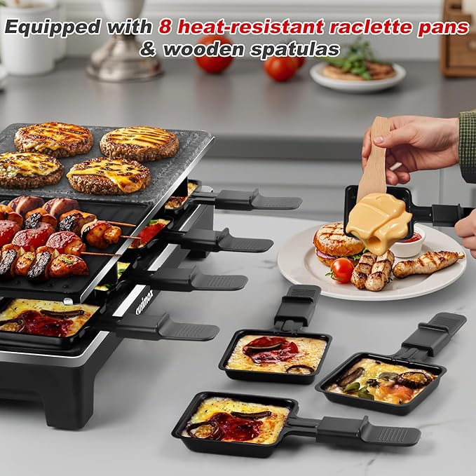 CUSIMAX Raclette Grill, Electric Grill, Portable Indoor Grill with 2 in 1 Reversible Non-stick Plate & Natural Grill Stone, 1500W Korean BBQ Grill, 8 Pans & Wooden Spatulas