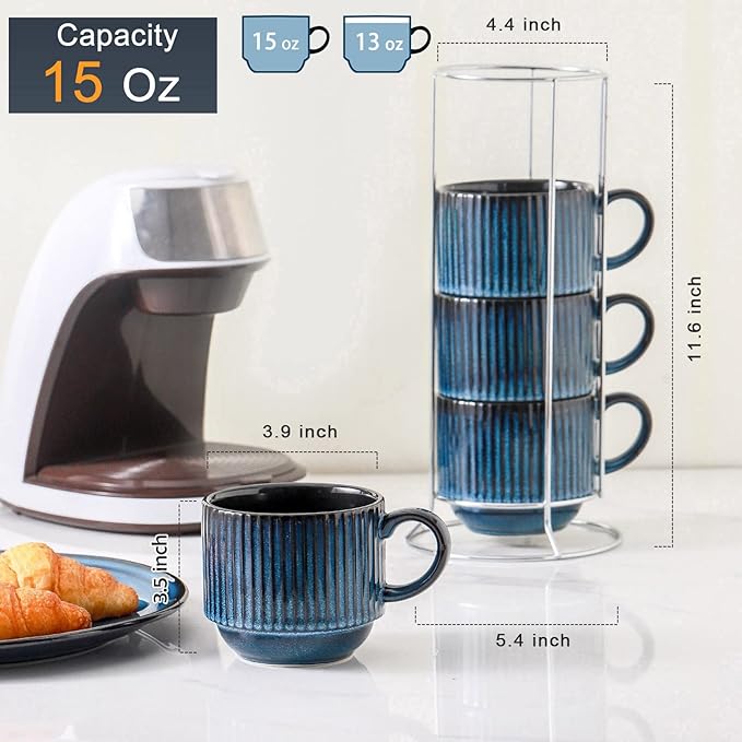 Hasense Coffee Cups Set of 4 with Stand, 15 OZ Stackable Coffee Mugs with Handle for Tea, Cocoa, Cappuccino, Latte and Americano, Porcelain Vertical Stripe Coffee Cups for Men and Women, Navy