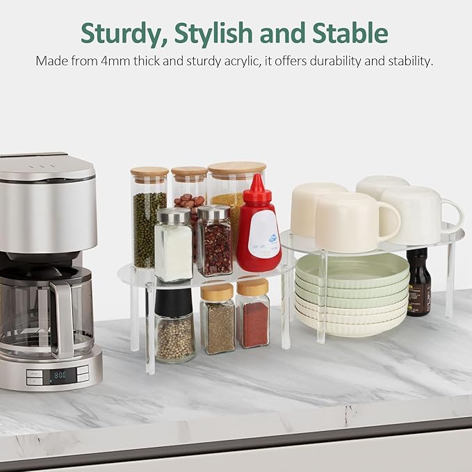 Clear Cabinet Organizer, Storage Shelf Set of 2 | Stackable Kitchen Counter Shelves for Spice Racks, Pantry & Countertop Storage | Space-Saving Bathroom/Desk Organizer