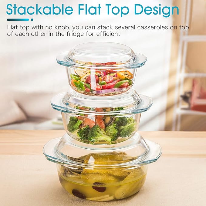 ZYER Round Glass Casserole Dish With Glass Lid,Covered Glass Bakeware Easy Grab Glass Microwave Bowls with Glass Lid (2.5L)