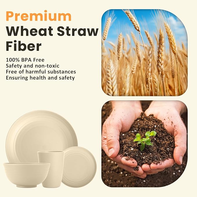 Homienly 32 PCS KItchen Wheat Straw Dinnerware Sets for 8, Reusable Plates and Bowls Sets, Dishes Set for 8, Alternative to Plastic Dish Set for Camping, PIcnic, Microwave and Dishwasher Safe - Beige