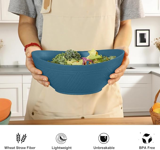 65 OZ Wheta Straw Bowls Set - Unbreakable Large Salad Bowl 4 PCS, Large Capacity Kitchen Bowls Microwave & Dishwasher Safe Serving Bowl for Salad, Popcorn, Chip (Blue)