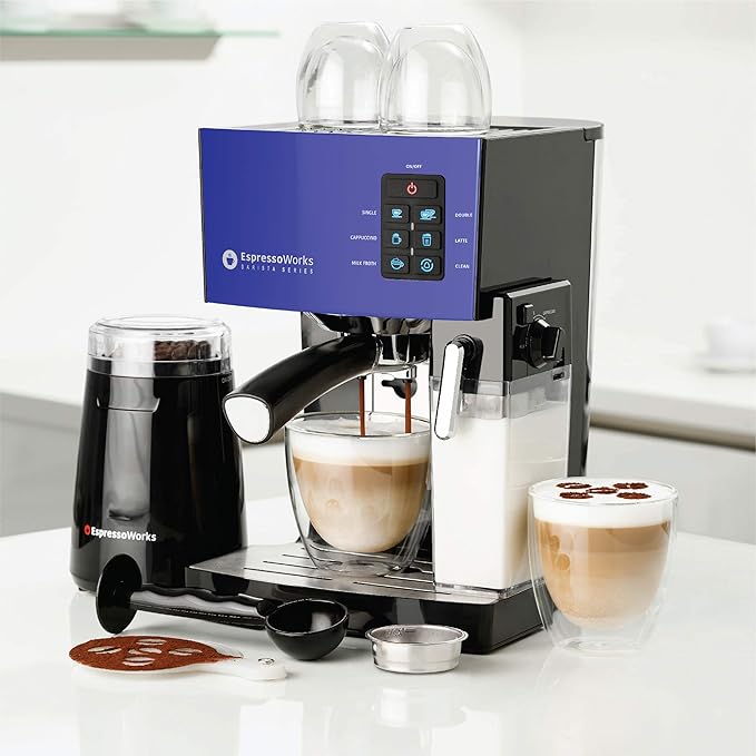 EspressoWorks 19-Bar Espresso, Cappuccino and Latte Maker 10-Piece Set - Brew Cappuccino and Latte with One Button - Espresso Machine with Milk Steamer 1250W - Coffee Gifts (Blue)