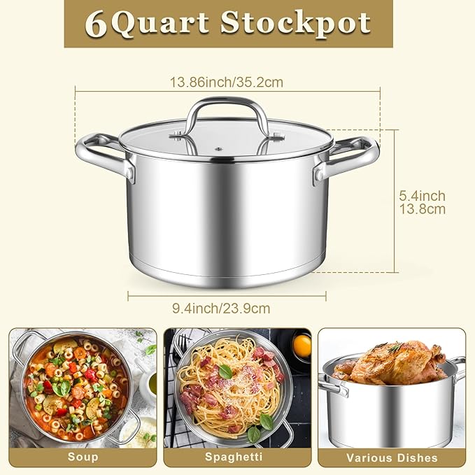 Leonyo 6QT Stock Pot with Lid, Stainless Steel Soup Pasta Pot for Home Kitchen Restaurant, Tri-Ply Bottom Stockpot for Canning, Boiling, Simmer, Dishwasher Safe