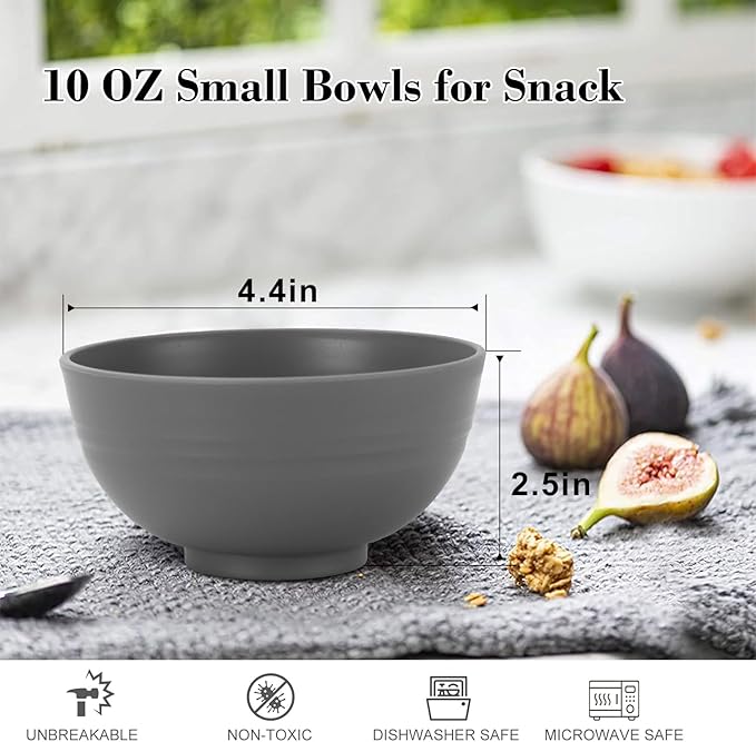 wheat straw small bowls 10oz set of 8 - Unbreakable Dessert Bowls for kids - Mini Bowl Sets for Ice Cream,Snack and Fruits - Microwave & Dishwasher Safe Appetizer Bowls (Deep Grey)