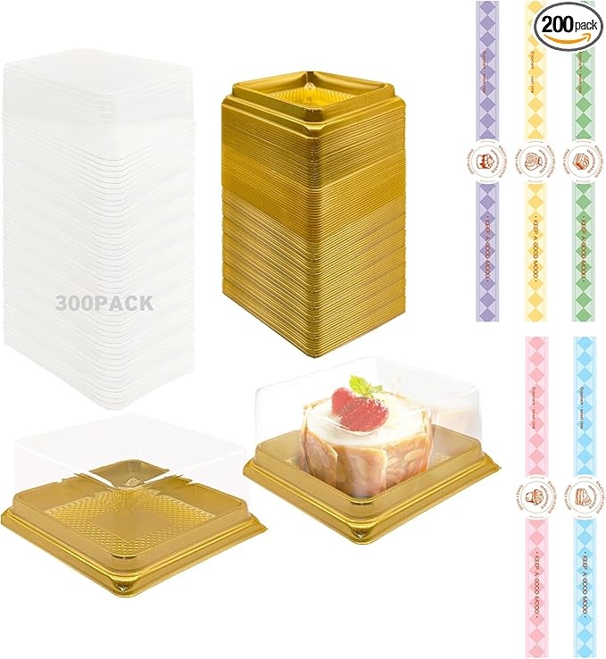 BenRan 100 Set 3.5 Inch Moon Cake Box Clear Plastic Mini Cake Cupcake Small Muffins Boxes Cake Pans with Lids Gift Dessert Containers Bonus 100 Pcs Cakes Stickers