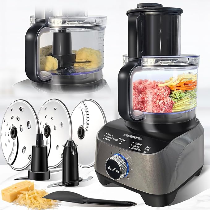 14 Cup Food Processor, French-Fry-Cutter, Blending, Mixing, Shredding, and Slicing, Meat and Vegetable Chopping, Doughing for Home Use, Mincing, and Pureeing,4 Speeds, Large Feed Chute,600W