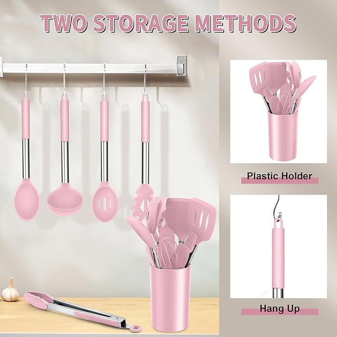 E-far Silicone Cooking Utensils Set, 14-Piece Pink Kitchen Utensils Set with Holder, Kitchen Tools Spatulas with Stainless Steel Handle for Non-stick Cookware, Heat Resistant & Dishwasher safe
