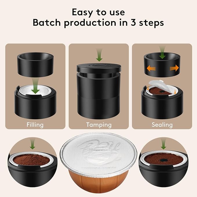 Reusable Kit for Nespresso Pods Vertuo, 50 Pcs Aluminum Foil Seal Lids, Holder & Brush Included – for Refilling Nespresso Vertuo/Vertuoline Pods, Refillable Coffee Capsules Tool Set