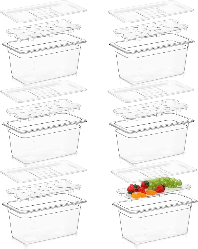 Sunnyray 6 Set 1/3 Size Polycarbonate Food Pans with Lids and Drain Shelf Clear Square Food Storage Containers for Kitchen Restaurant Fruit Vegetable Food Container and Storage (6 Inch Deep)