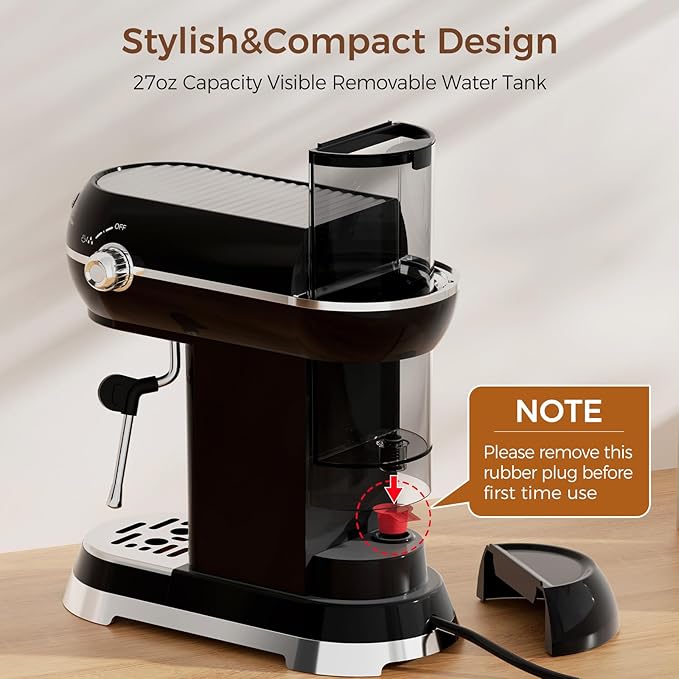 Expressions 20 Bar Espresso Machine with Milk Frother, Coffee Maker for Latte and Cappuccino, Removable Water Tank (Glossy drak)