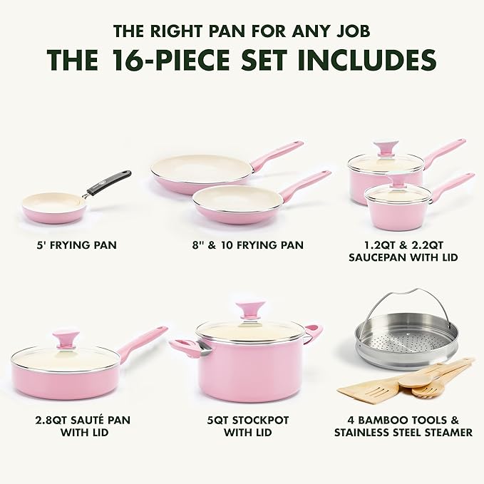 GreenPan Rio Healthy Ceramic Nonstick 16 Piece Cookware Pots and Pans Set, PFAS-Free, Dishwasher Safe, Pink