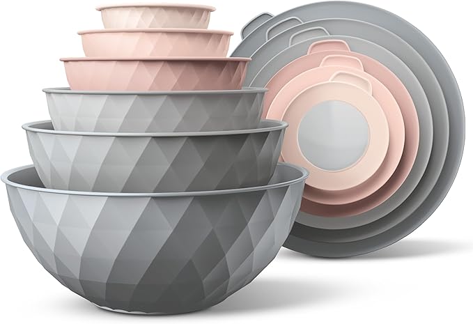 COOK WITH COLOR Mixing Bowls with Lids - 12 Piece Plastic Nesting Bowls Set includes 6 Prep Bowls and 6 Lids, Diamond Design - Microwave Safe (Mint)
