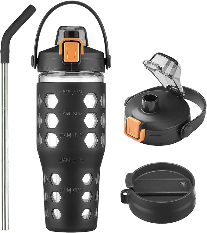 MUKOKO 32 oz Glass Tumbler with Straw,Glass Water Bottles with Time Marker,Iced Coffee Cup with 2 Lids-Handle Spout Lid&Straw Lid,Silicone Sleeve,Leakproof,1 Pack-Black
